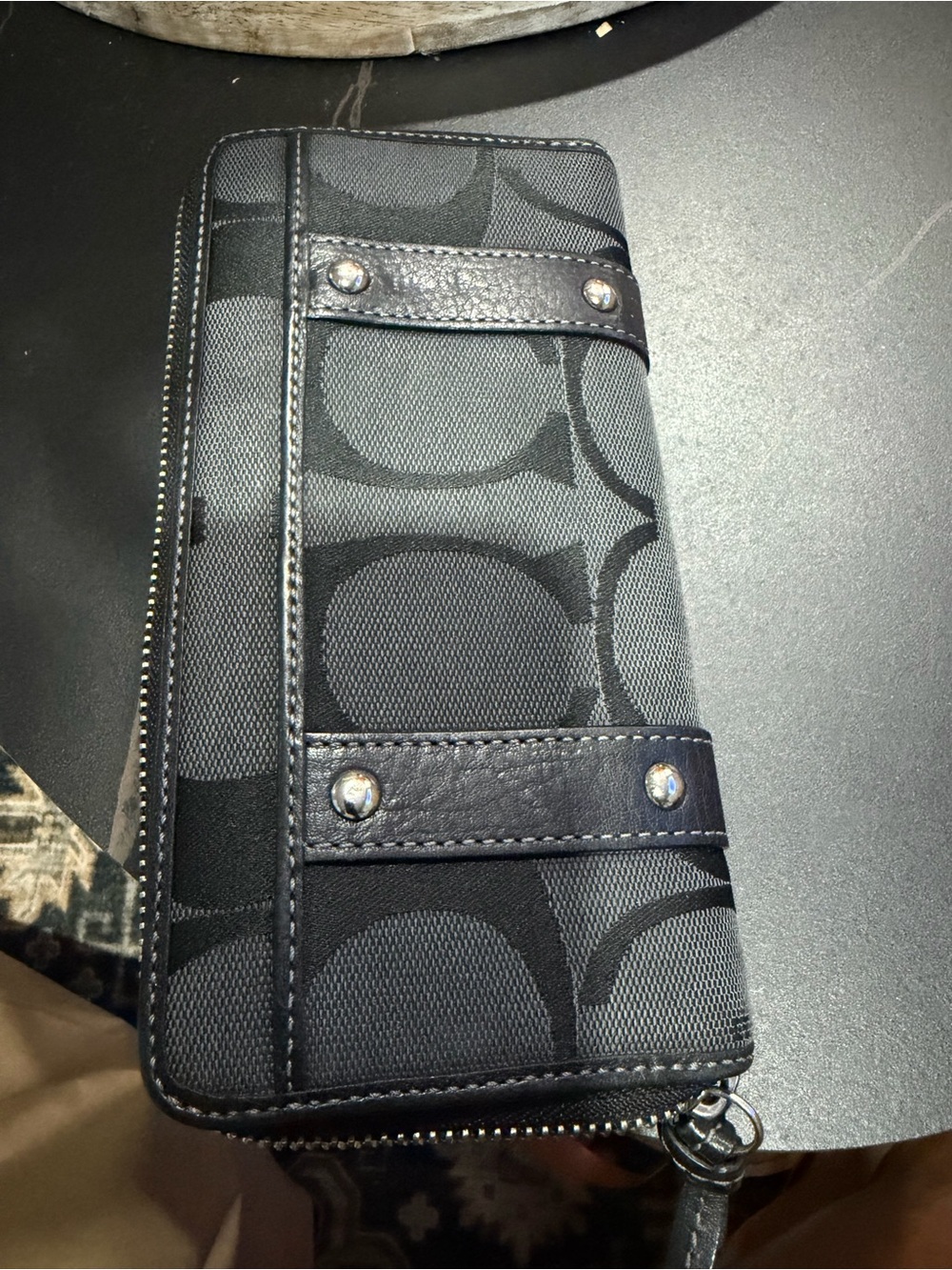 Coach Black and Gray Signature Canvas Zip Wallet with Buckle Detail - Picture 9 of 9